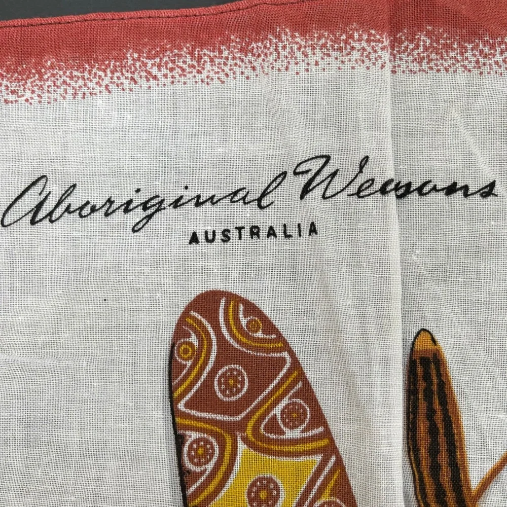 Vintage Aboriginal Weapons Linen Handkerchief Australia By Heil Souvenir 60s 70s